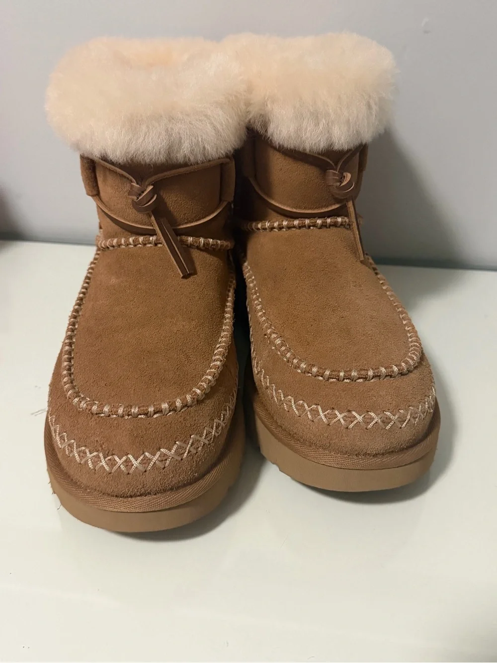 UGG classic mini alpine Boot- Chestnut Suede Faux-Fur Cuff Boot
